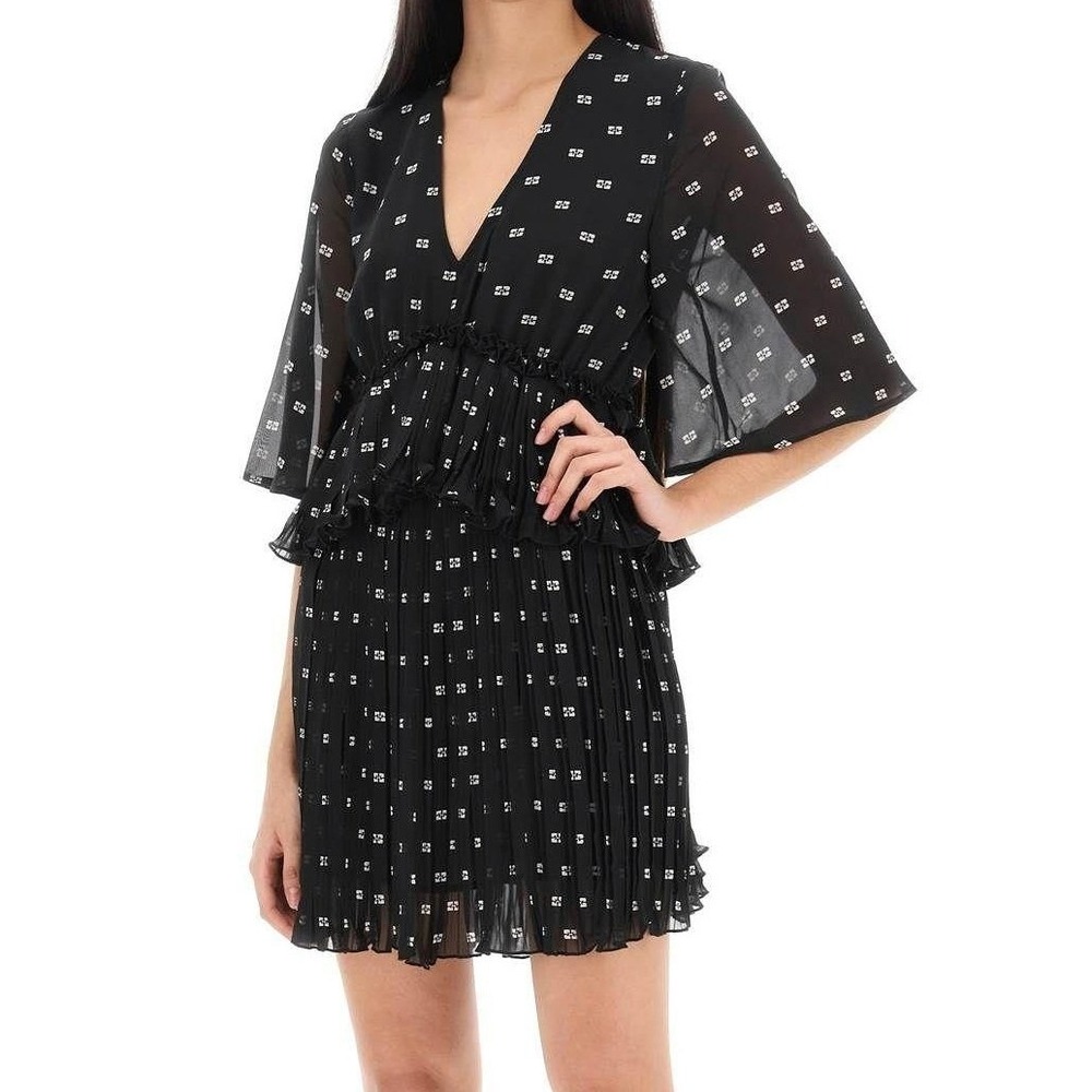 GANNI Black Pleated Georgette V Neck‎ Flounce Mini Dress Short Sleeve EU38 US6 - Picture 2 of 16